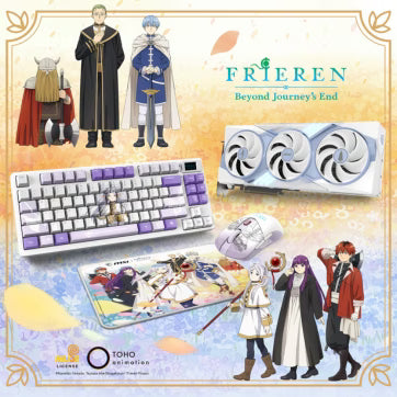 A collection of MSI x Frieren: Beyond Journey's End collaboration hardware, including a purple themed mechanical keyboard, white graphics card, gaming mouse, and mousepad featuring Frieren, Fern, and Stark