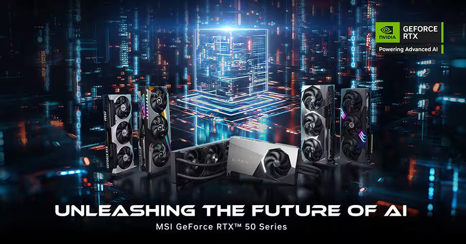 Promotional banner showcasing a lineup of MSI GeForce RTX 50 Series graphics cards in a futuristic digital environment with text reading Unleashing the Future of AI