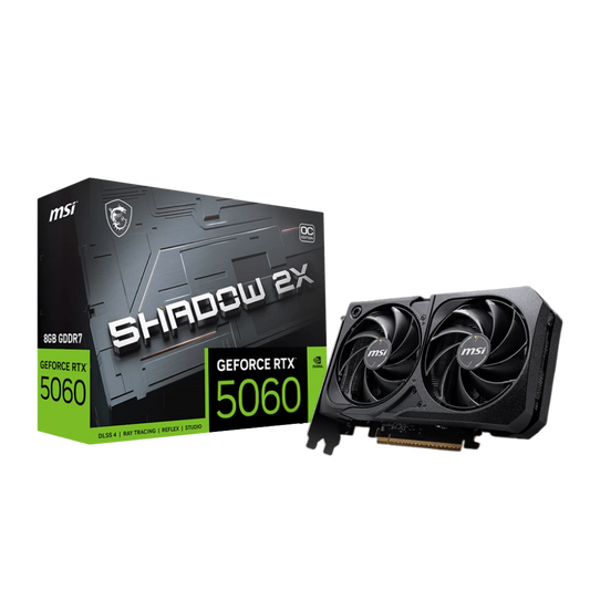 Front view of an NVIDIA GeForce RTX 5060 8GB graphics card with dual-fan cooling setup