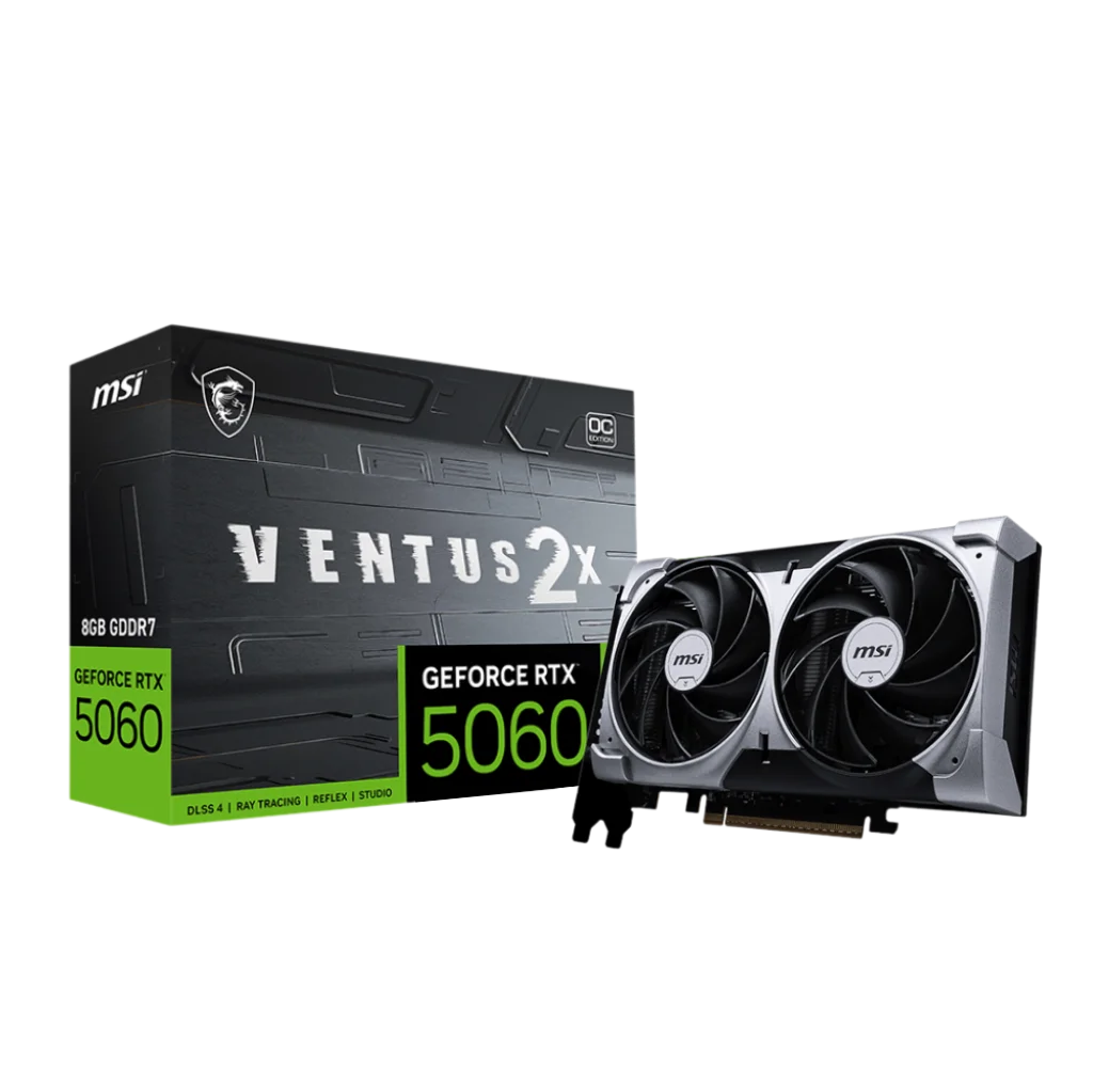 Front view of an NVIDIA GeForce RTX 5060 8GB graphics card with dual-fan cooling setup
