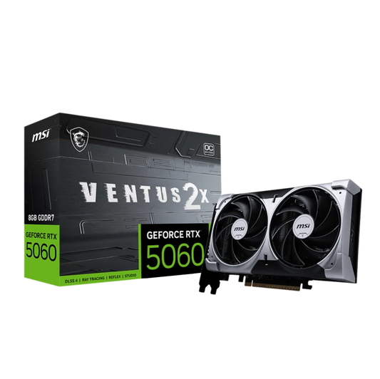 Front view of an NVIDIA GeForce RTX 5060 8GB graphics card with dual-fan cooling setup