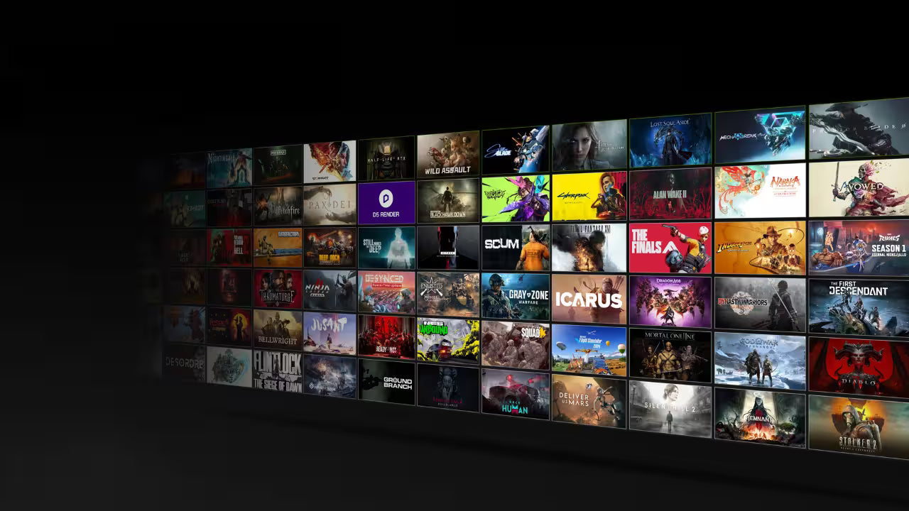 A wide perspective grid featuring dozens of game cover art tiles for titles that support NVIDIA RTX, including Alan Wake II, Cyberpunk 2077, and Stalker 2