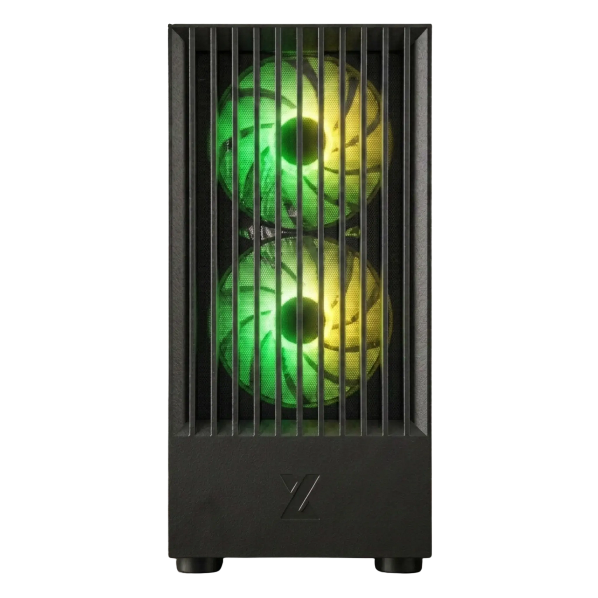 XONAZ RTX 5060 8GB graphics card showing custom RGB lighting in a mid-tower PC case, optimized for 1440p gaming