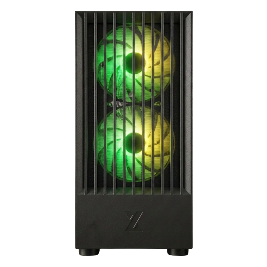 XONAZ RTX 5060 8GB graphics card showing custom RGB lighting in a mid-tower PC case, optimized for 1440p gaming